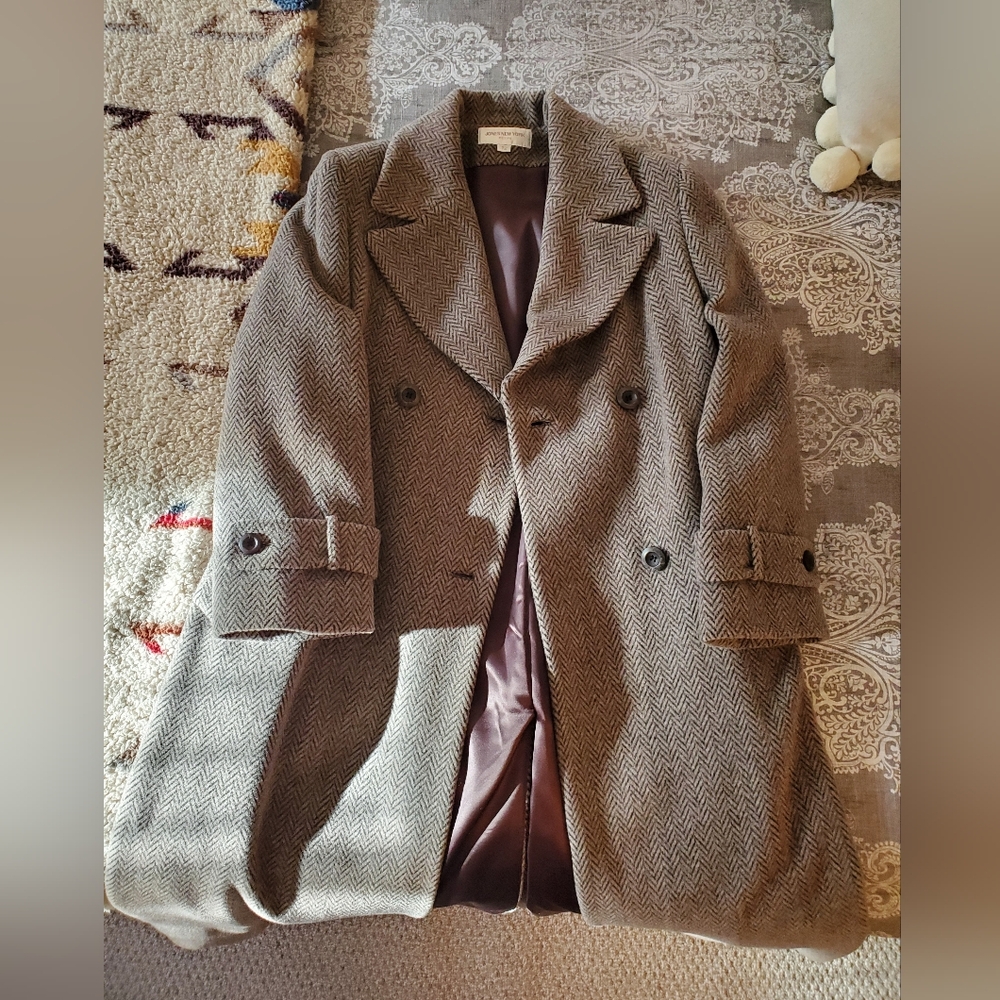 Gorgeous Women's Brown Herringbone Double-Breasted Winter Coat Alpaca Wool - Picture 5 of 15